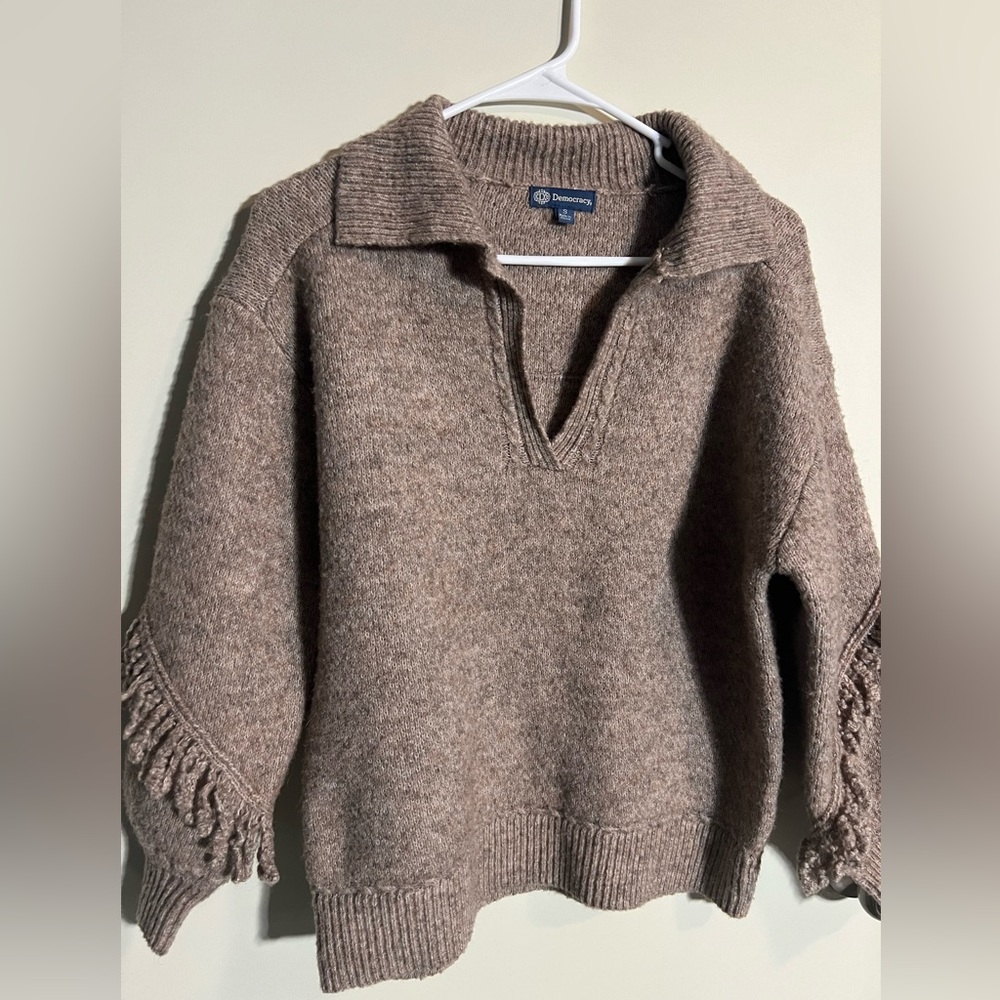 Democracy Blouson Sleeve Cascading Fringe Sweater- Heather Toffee Brown - Small